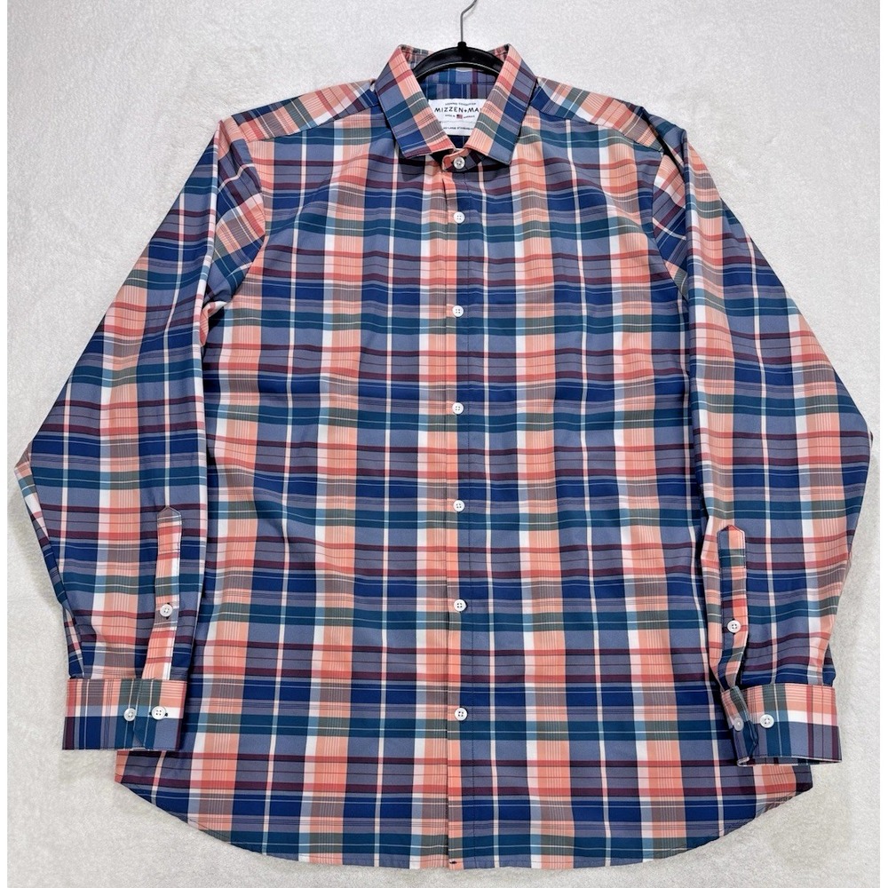Mizzen + Main Plaid Shirt Men XXL Coral‎ Blue Button Front LS Performance